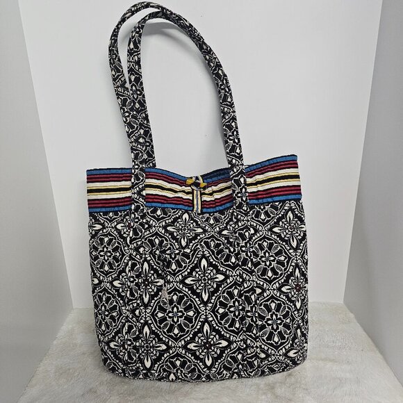 Vera Bradley Black Floral Tote Stripes Quilted - Picture 1 of 14